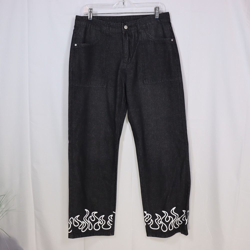 Manfinity‎ Flame Embroidered Jeans Mens Medium Black Straight Leg Streetwear